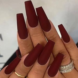 Coffin False Nails Long Fake Nails Ballerina Acrylic Press on Nails Pure Color Stick on Nails 24pcs for Women and Girls(Wine red)