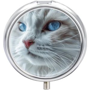 Blue Eyes Cat Pillendoosje 3 compartimenten reispillenorganizer met spiegelontwerp draagbare pillendoos voor zak of portemonnee rond medicijndoosje wekelijkse medicijnhouder voor dagelijkse medicijnen