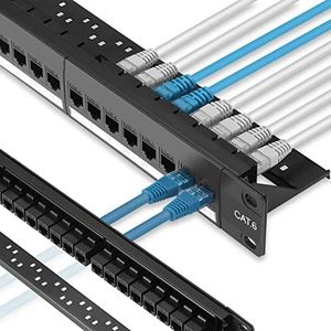 Rapink Patchpaneel 24-poorts Cat6 met inline keystone 10G-ondersteuning, Pass-Thru-koppelingspatchpaneel UTP 19-inch met verwijderbare achterbalk, 1U netwerkpatchpaneel voor Cat6, Cat5e,