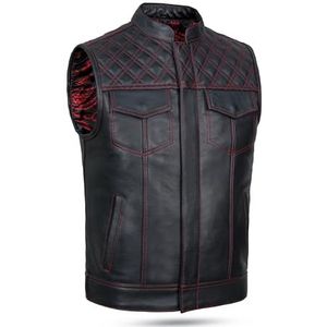 Leatherick Groove Club heren zwart lederen motorvest, traditionele paisley satijnen voering met rode diamantstiksels, Zwart, 60