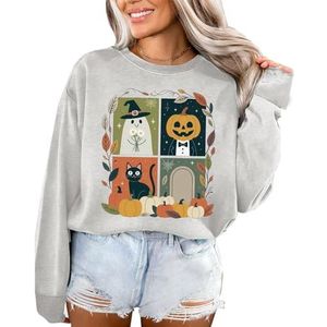 MLZHAN Ghost Pumpkin Zwarte Kat Grafsteen Grafsteen Grafisch Halloween Sweatshirt Vrouwen Halloween Spooky Lange Mouw Shirt Tops, Grijs, S