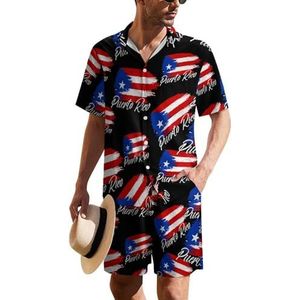 Vintage Puerto Rico vlag heren Hawaiiaanse pak set 2-delig strand outfit korte mouw shirt en korte broek bijpassende set