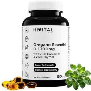 Oregano-Olie 300 mg. 150 softgels voor 5 maanden. Met Extra Vergine Olijfolie, 70% Carvacrol en 2,5% Thymol per softgel. 100% natuurlijk, glutenvrij, niet genetisch gemodificeerd. Door Hivital