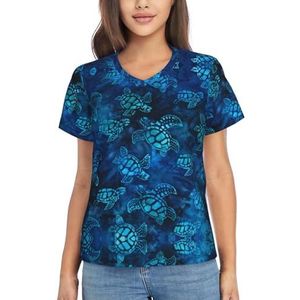 NilaHoroan Zeeschildpad-blauwe print dames zomer tops casual V-hals T-shirt, korte mouw, losse pasvorm geklede trui, Zwart, M