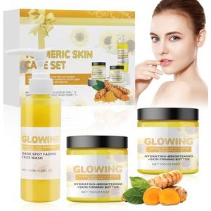 Horuili® Kurkuma huidverzorgingsset, 3-in-1 kurkuma-huidverzorgingsset, gezichtswasmiddel, kurkuma-crème, peelings, hydraterende kurkuma-essence set, verzorgend, hydraterend, verzachtend