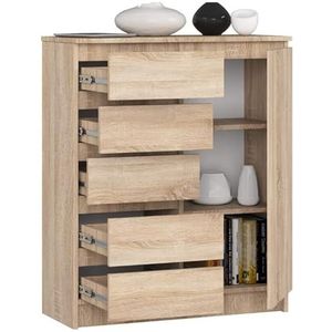 BDW - Commode met 5 laden en 1 deur - 80 cm breed, 97 cm hoog - kast, sideboard, multifunctioneel, schoenenkast, ladekast, archiefkast - woonkamer, slaapkamer, hal (Sonoma-eiken)
