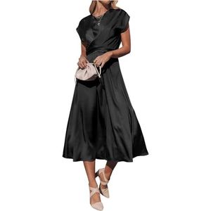 Midi-jurk met Ronde Hals, Satijnen Ruches, Elastische Hoge Taille Bruiloftsfeestjurken(Color:Black,Size:M)