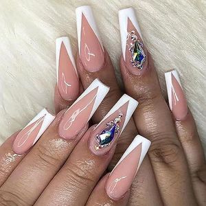 Coffin False Nails French Pink Fake Nails Rhinestone Press on Nails Full Cover Stick on Nails 24pcs for Women and Girls