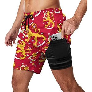 Coat Arms of Finland Zwembroek voor heren, sneldrogend, 2-in-1 strandsportshorts met compressieliner en zak