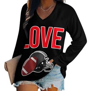 I Love American Football Rugby Casual T-shirts met lange mouwen voor dames, V-hals, bedrukte grafische blouses, T-tops, XL
