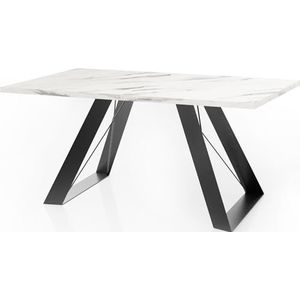 WFL GROUP Eettafel Colter in moderne stijl, rechthoekige tafel, uittrekbaar van 160 cm tot 260 cm, gepoedercoate zwarte metalen poten, 160 x 90 cm (wit marmer, 140 x 80 cm)