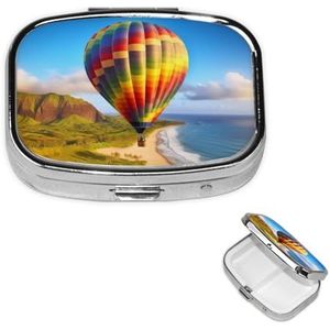 Kleine pillendoos 2 compartimenten, Hawaii heteluchtballon pillendoos dagelijkse metalen draagbare pillenorganizer voor zakportemonnee, reispillendoos met spiegel, vierkant, medicijnvitaminehouder