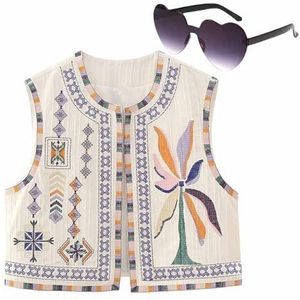 Geborduurd Vest, Vrouwen Geborduurd Bloemen Vest Top Mouwloos Open Front Cropped Blouse Vintage Waistcoat (Color : White, Size : M)