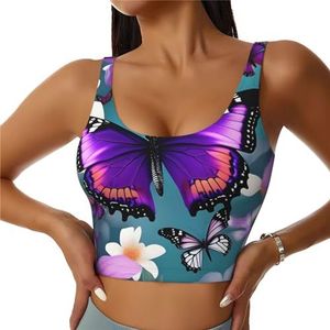 Paarse vlinder en bloemen print comfortabel vrouwen sport vest yoga workout vest voor vrouwen lichtgewicht zomer, Zwart, S