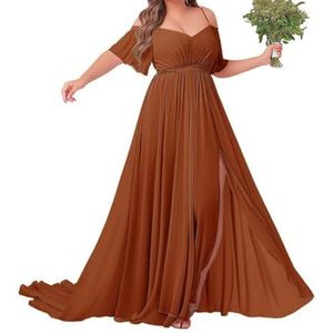 Off-shoulder bruidsmeisjes jurken met mouw - chiffon grote maten formele jurk, Verbrand Oranje, 32