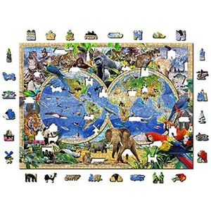 Wooden. Wooden.City 1000 +10 stukjes houten puzzel Animal Kingdom - Wereldkaart en dieren legpuzzels voor volwassenen, kinderen, tieners - houten puzzel met unieke gevormde stukken - Geweldige puzzel