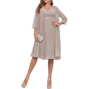2 Stuks Moeder van de Bruid Jurk voor Bruiloft 3/4 Mouwen Chiffon Avond Prom Jassen met Jas, Taupe, 32