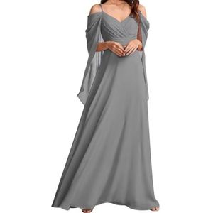 AHERKLL Koude Schouder Bruidsmeisjes Jurken voor Bruiloft Spaghetti Band Chiffon Formele Avond Party Maxi Jurk Lange HAH049, Zilver, 32