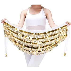 MUNAFIE Buikdans, tribal, heupdoek, chiffon, buikdanskostuum, wikkelriem met gouden munten, rok (wit)