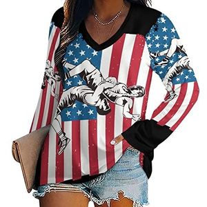 Worstelen Amerikaanse vlag nieuwigheid vrouwen blouse tops V-hals tuniek t-shirt voor legging lange mouw casual trui