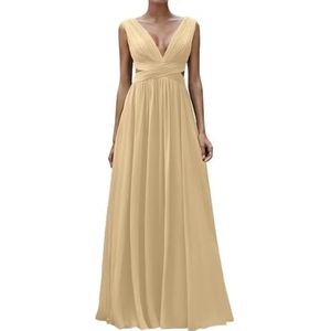 Diepe V-hals Prinses Bruidsmeisjes Jurken Chiffon Galajurken met Split Formele Avondjurk ZM195, Champagne, 32