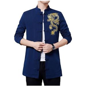 Chinees Tang-pak， Heren Medium en Lang Tang Pak Draak Borduurwerk Chinese Jas Top Stand Kraag Retro Kleding(Blu,4XL)