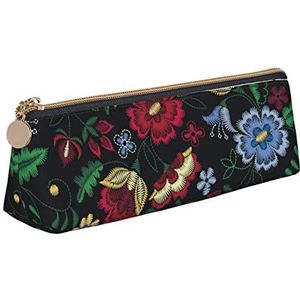 ReesEt Bloemen Paisley Patroon Potlood Pouch Driehoek Pen Case Draagbare Lederen Potlood Tas met Rits Cosmetische Pouch Bag, zoals afgebeeld, Eén maat, Tas Organizer