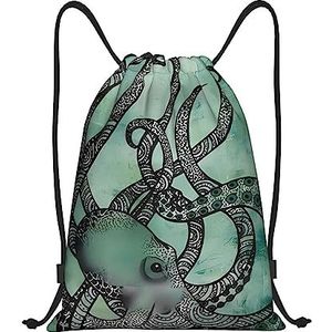 DEHIWI Groene Octopus Trekkoord Rugzak Tas Waterdichte Sport String Bag Sackpack Cinch voor Gym Winkelen Sport Yoga, Zwart, Small, Reizen Rugzakken