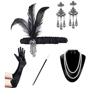 Asudaro Jaren 20 flapper Gatsby sieraden set galajurk accessoires retro hoofdtooi veer hoofdband halsketting handschoenen sigarettenkant dames kostuumset 6