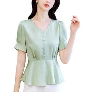 Dvbfufv Dames elegante V-hals effen kleur chiffon blouses tops vrouwen zomer casual losse kantoor pullover shirt, En8, L