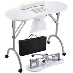 Draagbare en opvouwbare manicuretafel, nagelwerkstation met 4 vergrendelbare wielen, polssteun voor klanten, gratis draagtas voor thuis, op reis of in de schoonheidssalon.,White b