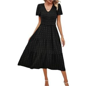 Dames zomer midi-jurk bloemenprint boho jurk V-hals casual feest Boheemse vloeiende lange jurk voor dames, Zwart, M