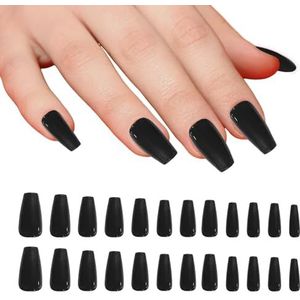 Valse nagels, 24 stuks rode lange Bellarine taps toelopende volledige dekking glanzende nepnagels, effen kleur kunstmatige vingermanicure voor vrouwen meisjes nageldecoraties Y7CSMJJP (rood) zwart
