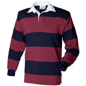 Front Row Rugby Poloshirt, lange mouwen, gestreept, Bourgondië/Marineblauw, M