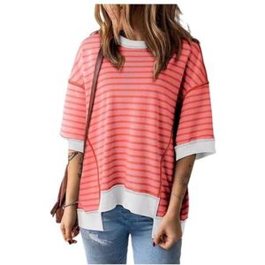 Oversized gestreept overhemd for dames, gestreept kleurclash-ontwerp met drop-shoulder trui en korte mouw tops for dames (Color : Red, Size : S)