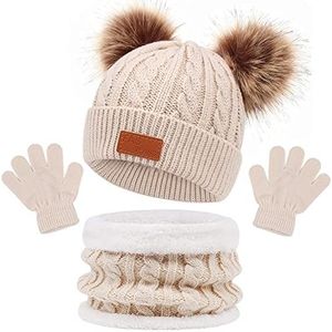 Baynetin 3 stuks winterbeanie voor kinderen, muts, sjaal, handschoenen, thermo-breien, haken, dikke pom, muts, sjaal, handschoenen, 3-in-1, voor 1-6 jaar, jongens en meisjes, Beige, One size