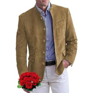 WINDEHAO Heren Retro Stand Kraag Single Breasted Slim Fit Multi-Pocket Blazer, Klassieke Button Down Suede Jacket Business Blazer Pak Jas