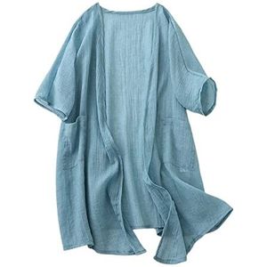 Vrouwen Open Front Vest,Dames Linnen Lange Vesten Casual Effen Waterval Open Voorkant Vesten Zomer Vleermuismouwen Lichtgewicht Cover-Up Kimono Vest Elegant Plus Size Blouse Sjaal,Light Blue,M