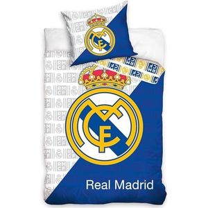 LeaHy Real Madrid Beddengoed de lit blanche et bleue 100% katoen - Housse de Couette 140 x 200 cm + Taie 63 x 63 cm (135 × 200 cm)