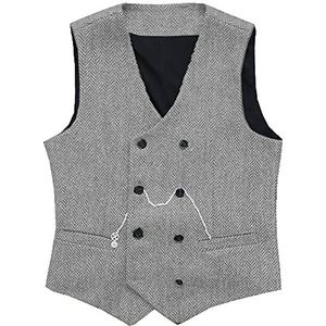 Heren Visgraat Vest met dubbele rij knopen Wollen Business Tweed gilet kleedt slank af(X-Large, Zilver)