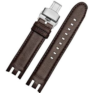 Lederen Armband for Swatch Horloge Band 21mm for YRS403 for 412 for 402G Polsband Zwart Horlogebanden man Horloge Riem Accessoires (Color : B Brown silver-01, Size : 21mm)