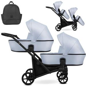 Kunert BRAV Duo Dubbele Kinderwagen 2 in 1 + Accessoires: Comfort, Veiligheid, Praktijk, Elegant en Functioneel Ontwerp, Veelzijdig Systeem, Aluminium Frame, Licht, Kunstleer Baby Blauw / Zwart