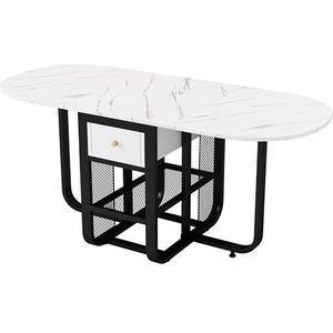 Klaptafel voor eetkamer met lade en legplank, uittrekbare eettafel voor kleine ruimtes, opvouwbare multifunctionele tafel voor keuken kantoor werkkamer modern ovaal design (wit + zwart)