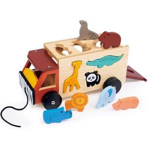 mentari Vorm het Sorteren Safari Speelgoedvrachtwagen met Dieren, Hout, Interactief, Fantasierijk Spel