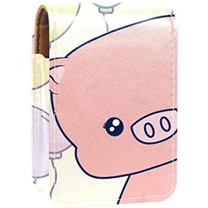 Schattig roze varken met kleurrijke ballon draagbare lippenstift geval voor reizen, Mini lippenstift opbergdoos met spiegel voor vrouwen dames, lederen cosmetische etui, Meerkleurig, 9.5x2x7 cm/3.7x0.8x2.7 in