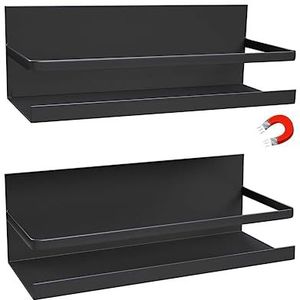 Dreamhigh® Koelkastrek, magnetisch, maximale belasting 5 kg, 2 stuks, kruidenrek, magnetisch met plank, wandrek, keuken, anti-roest, voor specerijen, glazen, flessen, dranken, zwart