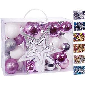 BRUBAKER 50-Delige Set Kerstballen met Boomtop - Kerstboomversiering in Roze, Wit en Zilver