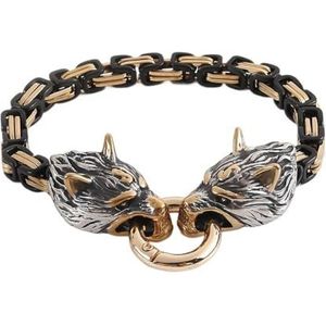 Viking Wolf Head Byzantijnse Ketting Armband Voor Mannen - Roestvrij Staal 6MM Chunky King Link Chain Armband - Noorse Mythologie Odin Wolf Amulet Vintage Gotische Sieraden (Color : Dual Color_23CM)