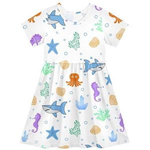 LI ZHI XIN Meisjes Jurk Kinderen Zomer Korte Mouw Ronde Hals Casual Jurken voor Leeftijd 2-8 Oceaan Haaien Zeepaardjes Zeewier, Meerkleurig, 2 jaar