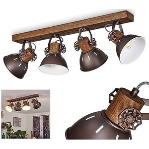 Plafondlamp Orny, plafondlamp in vintage design van metaal/hout in donkerbruin/wit/bruin met lichtspleten, lamp met houten balken en verstelbare spots, 4-lamp, 4 x E27, zonder gloeilampen